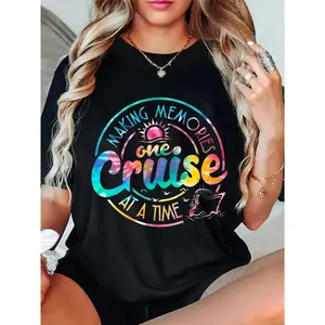 Plus Size Women'S Casual T-Shirt - "Making Memories One Cruise at a Time" Graphic, Round Neck, Short Sleeve, Slightly Stretch Knit Fabric, Comfortable & Versatile Top for All Seasons, Everyday Tshirt |   Stylish Plus Size |   Comfortable Knitwear