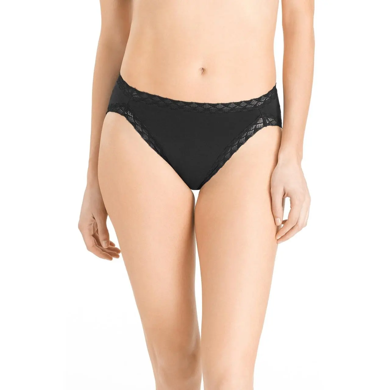 Women's Natori Bliss Lightweight Soft Cotton-Lace Spandex Briefs - High-Cut French Style, Perfection Contour Underwire, Full Coverage Black Lingerie Panties, French Cut, Chic French Cut