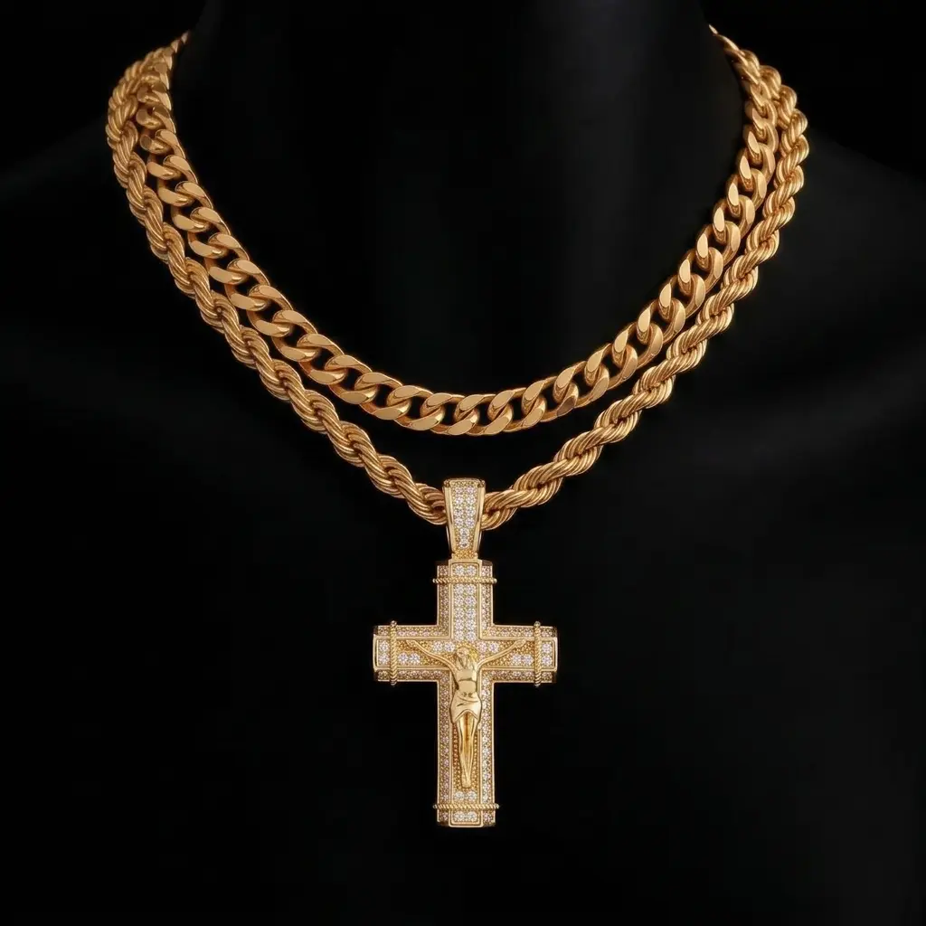 Men's 18K Gold-Plated Copper Cuban Link Cross Necklace - Jesus Christ Crucifix Pendant, Unisex Christian Streetwear Jewelry with Cross Motif, Layered Chains Compatibility & Gift Box