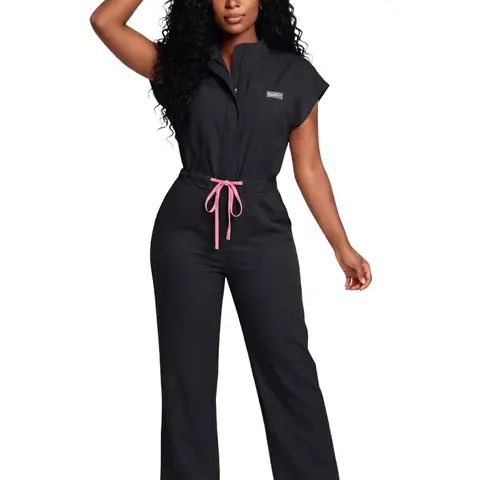 Women One-Piece Medical Scrub Jumpsuit, Soft Quick Dry Breathable Work Uniform, Multi Large Pockets, Sweat Resistant Black Overalls for Dental, Nursing & Healthcare Staff