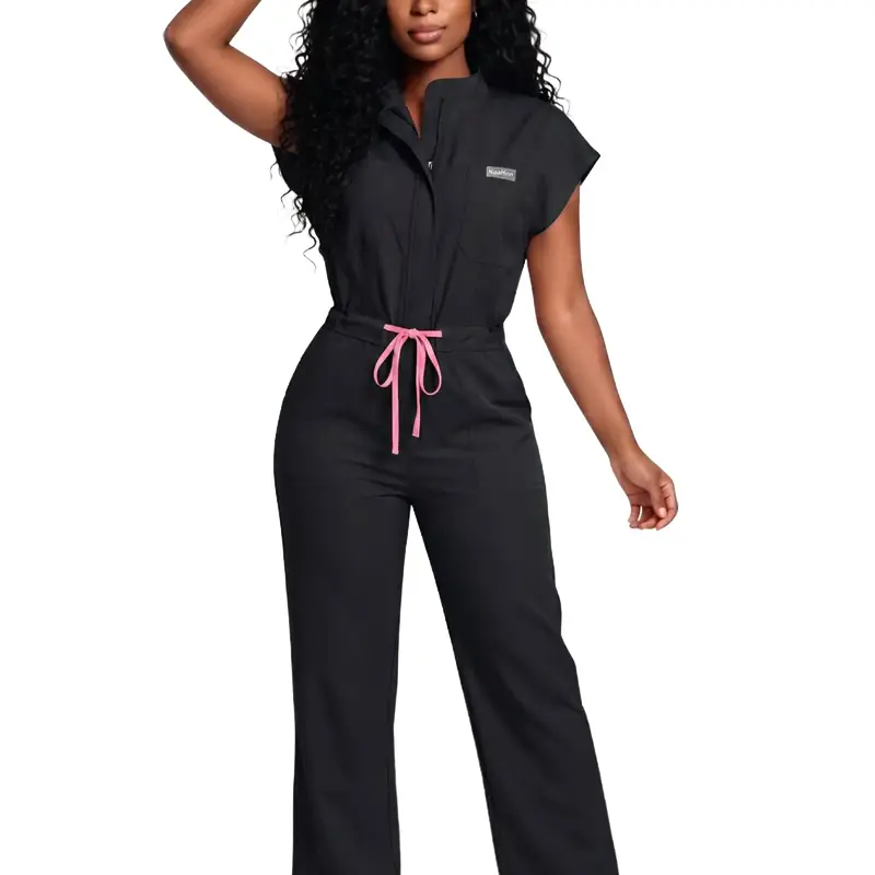 Women One-Piece Medical Scrub Jumpsuit, Soft Quick Dry Breathable Work Uniform, Multi Large Pockets, Sweat Resistant Black Overalls for Dental, Nursing & Healthcare Staff