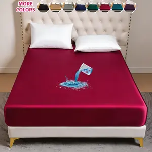 Solid Color Satin Waterproof Fitted Sheet, Silky Bedding Sheets, Mattress Protector, No Pillowcase Included, Silky Smooth Fabric with Waterproof Protection, Deep Pocket Design Fits Most Mattresses, Easy to Install and Clean, for Bedroom & Guest Room