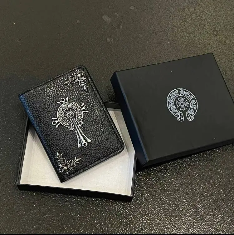 Gothic Cross Black Leather Wallet with Metal Cross Accents, Compact Bifold Card Holder for Men & Women