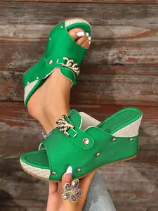 2026 Summer Women's Wedge Sandals, Metal Chain Decor, Espadrille Platform Mules, Textile Upper, Rubber Sole, Plain Pattern