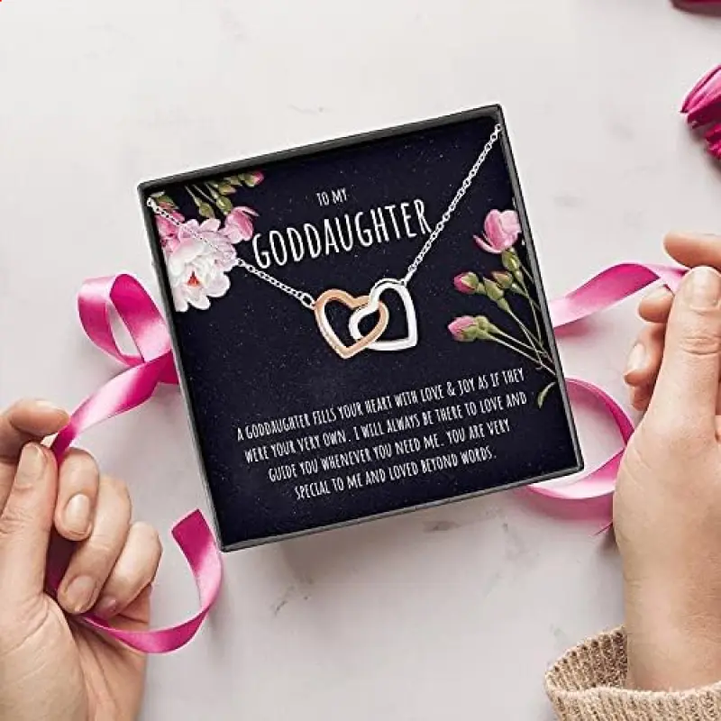 Goddaughter Gifts From Godmother, Interlocking Hearts Necklace, First Communion, Girl Birthday, Graduation, Engagement, Christmas, Valentines, Confirmation Gift I will always be there to love. Necklace Jewelry With Meaningful Messages Card & Box