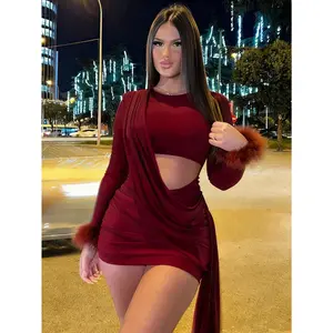 Spring Summer Bodycon Mini Dress With Fuzzy Cuffs, Waist Cutout Design, Fitted Silhouette