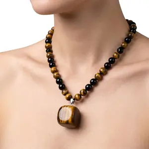 Money Attraction Necklace With Green Aventurine & Tiger Eye Pendant Healing Crystal Stone, Money Attraction Necklaces Beaded Feng Shui Wealth Necklace Jewelry Gifts for Men Women