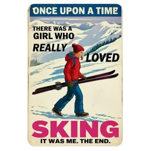 Skiing Mountain Tin Sign, Vintage Skiing Girl Metal Sign Print Aesthetic Room Decoration for Home Bedroom Kitchen Bar Coffee Bathroom Indoor Outdoor Wall Decor, 8 X 12 in