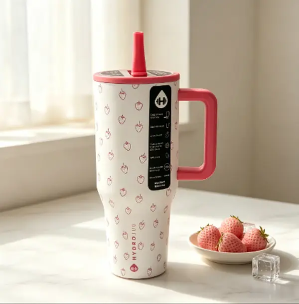 HydroJug 40oz Strawberry Print Stainless Steel Vacuum Insulated Portable Water Flask - 24H Cold Retention, Leak-Proof, 1000-2000ml, Office/Travel Kitchenware Mug