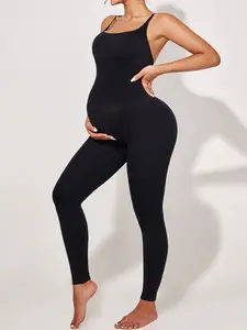 Women's Casual Solid Color Maternity Romper, Maternity Clothing, Simple Sporty Design, Comfortable Fashion, Suitable for Expecting Moms, Full-Length Bodysuit