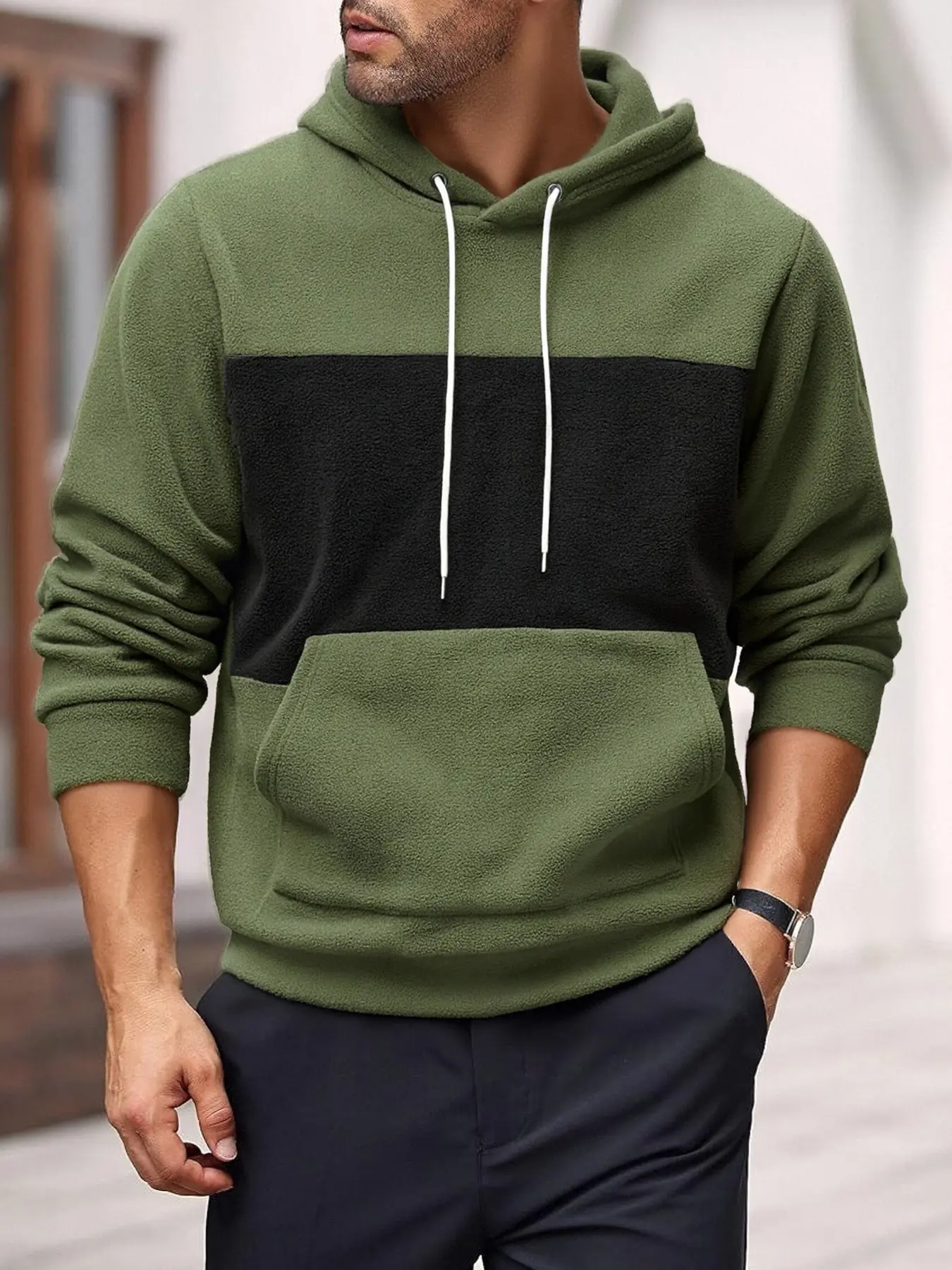 Men's Fleece Colorblock Hoodie, Long Sleeve Pullover with Kangaroo Pocket, Casual Streetwear Top, Comfortable Daily Wear