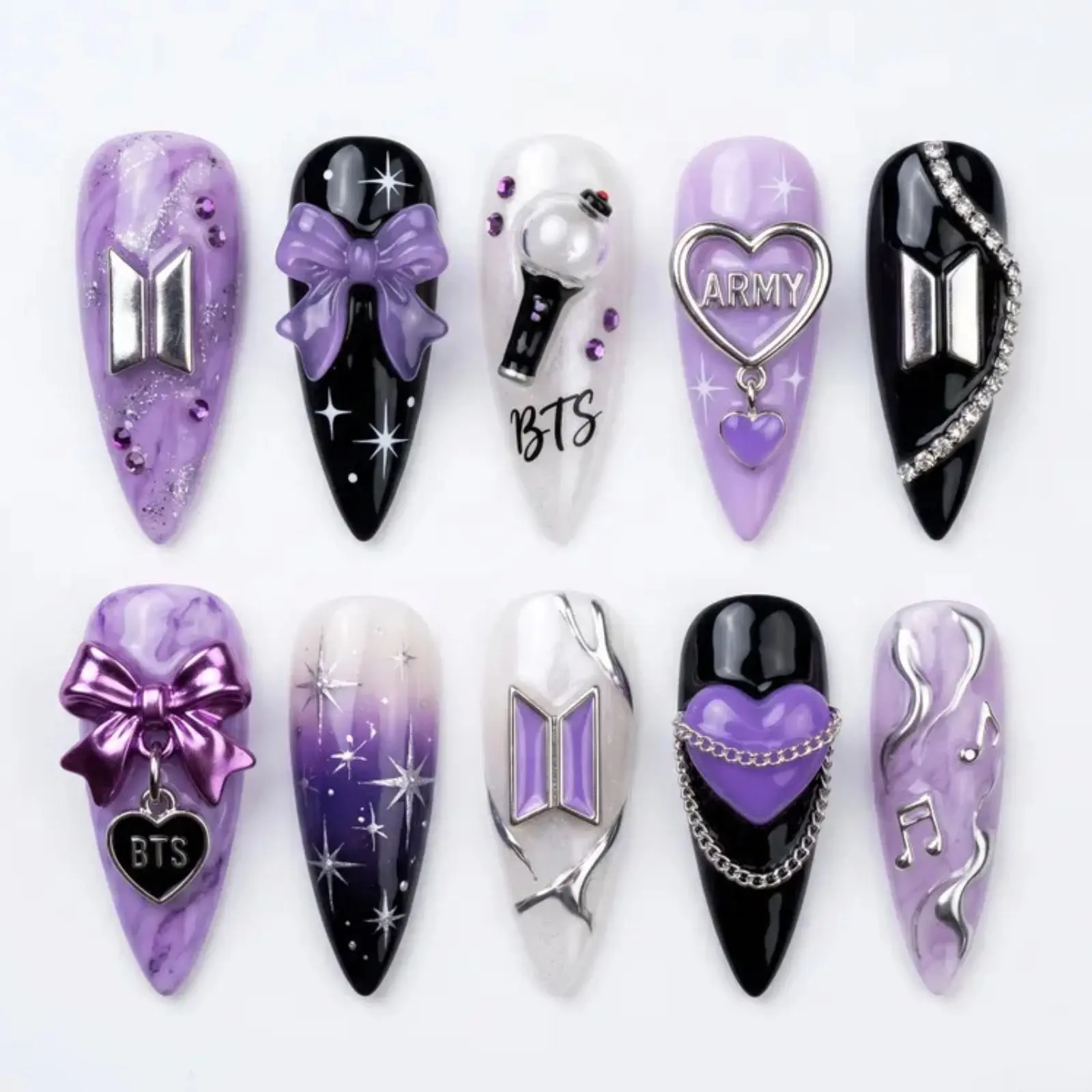 Kpop Arirang Inspired Purple Press On Nails | Black & Lavender Bow Charm Nail Set | Korean Pop Fan Nails