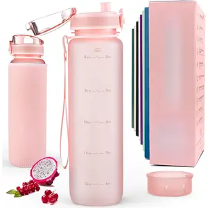 Water Bottle with Time Marker -Large BPA Free Water Bottle & No Sweat Sleeve -Leak Proof Gym Bottle with Fruit Infuser Strainer & Times to Drink -Ideal for Fitness Sports & Outdoors