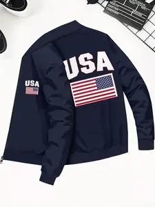 Men's USA Flag Print Zip Up Jacket, Zippered Jacket, Regular Fit Casual Long Sleeve Baseball Collar Outerwear for Fall & Winter, Men's Clothes for Daily Wear, Coats
