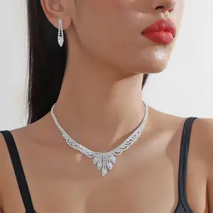 Clustered Zirconia Flower Bridal Necklace Teardrop Dangle Earrings Jewelry Sets for Women Gift