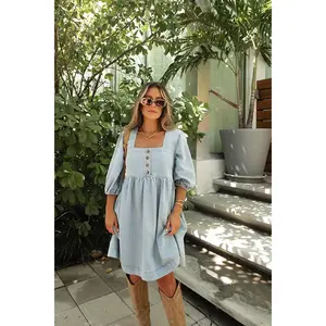 Denim Button Detail Babydoll Mini Dress