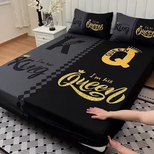 3-Piece Bedding Set, Fitted Sheet + 2 Pillowcases (no Pillows), High-Definition Crown Letter Print, Dorm Essentials