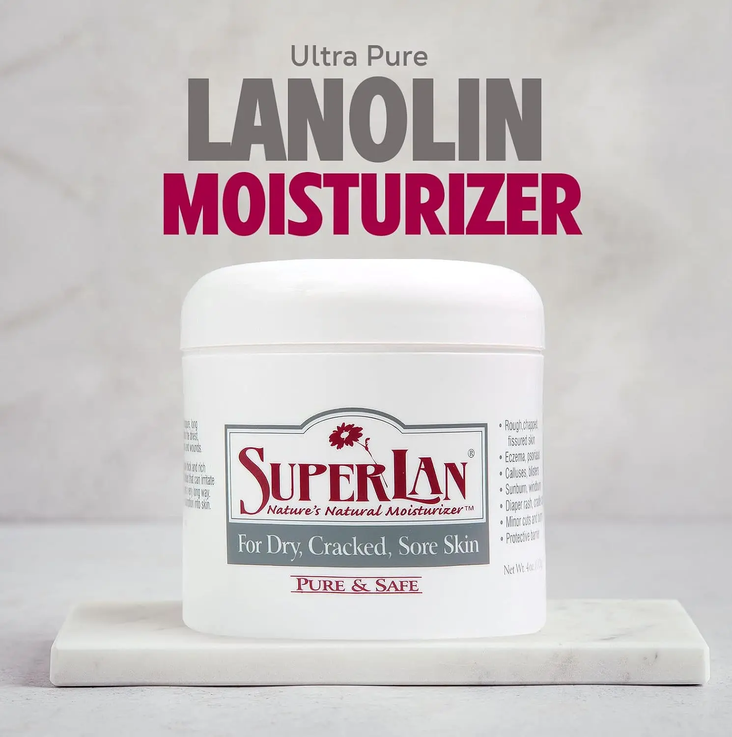 SuperLan Pure Lanolin Cream, 100% Natural Moisturizer for Dry, Cracked Skin & Eczema - Hypoallergenic & Chemical-Free Body Care for All Skin Types, 4 oz, Moisturizers, Female, Adults