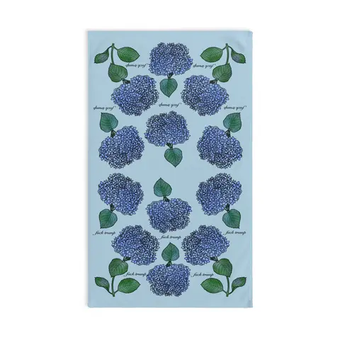 Slightly Subtle Hydrangea Towel on Light Blue, Floral Kitchen Decor, Gift for Gardeners, Blue Flower Towel, Spring Home Decor, Political Gag Gift