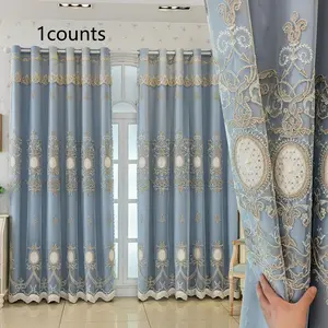 1pc Luxury Embossed Double-Layer Light Blue Embroidered Finished Window Curtain - Elegant European Style, Suitable for Living Room and Bedroom, High-Quality Soft Fabric with Gold Floral Embroidery