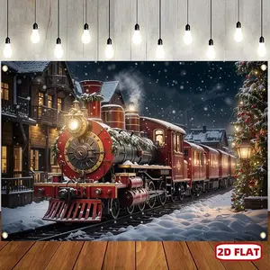 1pc 2D Flat Merry Christmas polyester background banner, winter night snow falling red train design, bright and durable, easy to hang, suitable for New Year holiday Christmas Eve home festival party wall photo boo Decor Ornaments