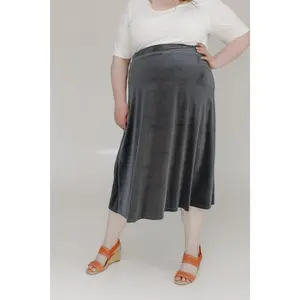 Plus Size Corded Velvet Midi Skirt in Dark Grey with a Flattering Side Slit and Comfortable Elastic Waistband, Elastic Buckle-Free Waistband Skirts