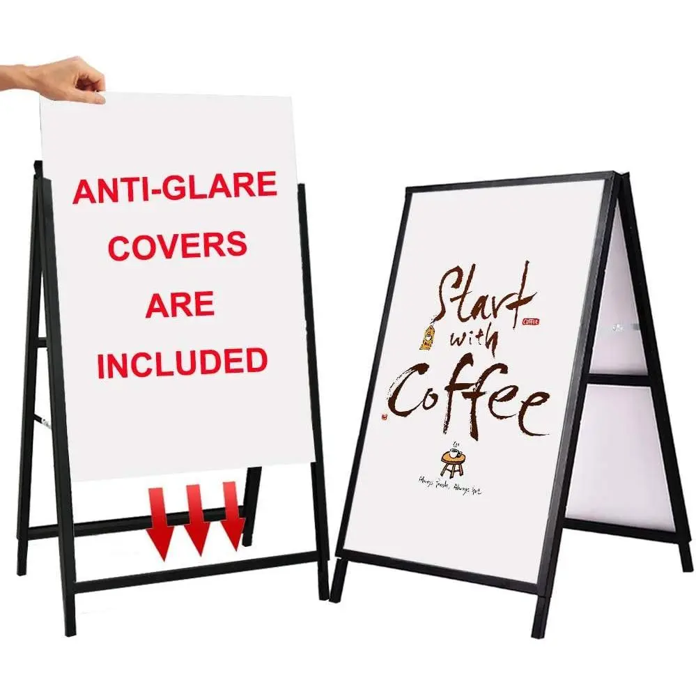 24x36 in Durable A-Frame Sandwich Board Sign, 17.2 lbs Heavy-Duty Double-Sided Sidewalk Sign for Business, Includes 2 Anti-Glare Covers & Corrugated Boards (Indoor/Outdoor Use), Black, 24 X 36 Inches, A Frame Sidewalk Sign