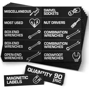 90 Pcs Magnetic Tool Box Labels 3.5x1 inch - Magnetic Toolbox Labels for Tool Box Drawers Strong Magnet Toolbox Organizer Chest Black Pre-Printed & Blanked Emblems for Organization - Toolbox Emblems
