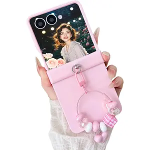 Cute Bracelet Case for Samsung Galaxy Z Flip 7, Slim Matte Hard PC Shockproof Hinge Full Body Protective Cover with Wrist Strap Keychain for Women Girls Galaxy Z Flip7 - FGL Pink