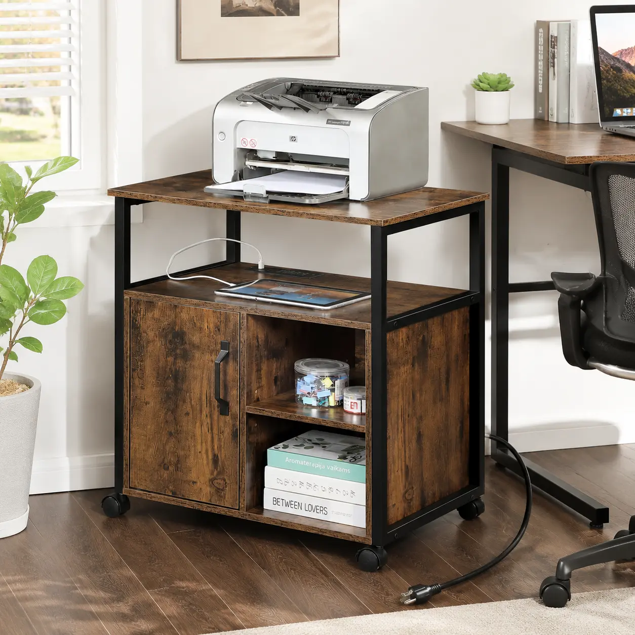 littleox File Cabinet,Office Filing Cabinets with Socket and USB Charging Port,Printer Stand with Storage for A4, Letter Size,Metal Side Frame ,Easy Installationfor Home Office, Rustic Brown+Black