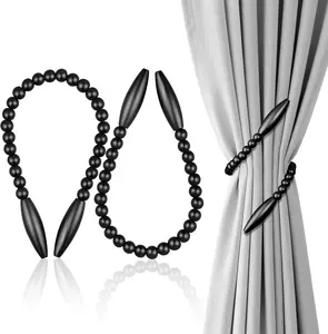 Wood Bead Curtain Tiebacks 2 Pack, No Drill Curtain Holdbacks for Boho Decor, Nursery & Bedroom - Creative Clips & Hooks for Drapes, Farmhouse Window Decor with Twist Design (2, Black) OCIOLI