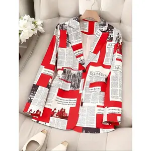 Women’s Newspaper Print Buttoned Blazer, Casual Long-Sleeve Outerwear for Spring, Women’s Clothing for Everyday Wear