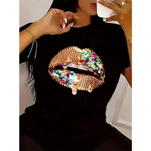 Rhinestone Dripping Lips Graphic Tee Women Oversized Short Sleeve Crewneck Glitter Sequin Statement Top Y2K Streetwear For Party Night Out Festival