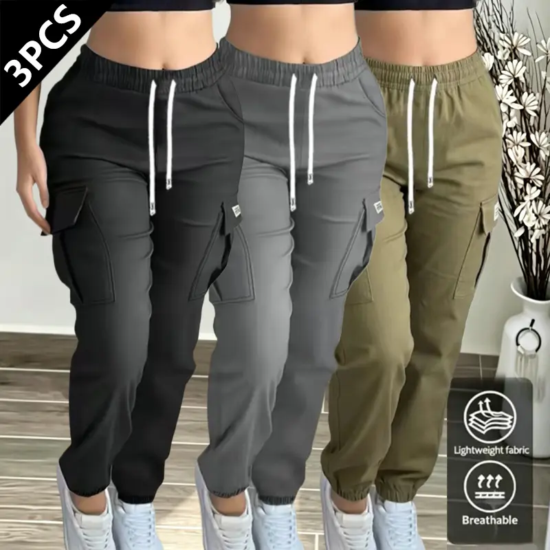 Clean Gent 3-pack women’s outdoor cargo pants with large pockets on both sides; spring/autumn long pants featuring a drawstring elastic waistband and cuffed ankles—trendy, comfortable, and stylish; easy to pair with tops; suitable for all seasons (spring,