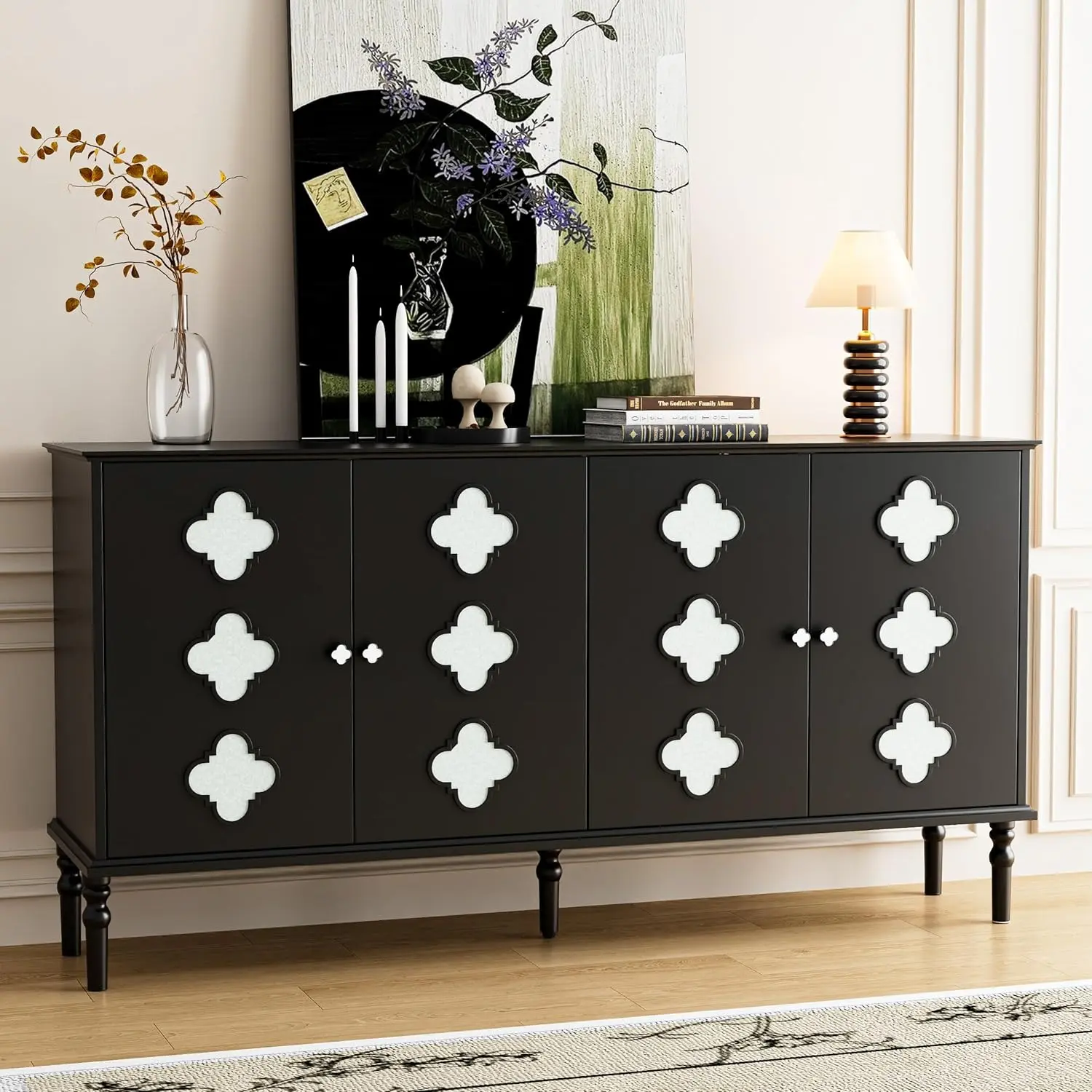 Anbuy Modern Black Buffet Sideboard with Black-Framed Quatrefoil Accents, 4-Door Storage Credenza Cabinet for Kitchen, Living Room – Matte Black