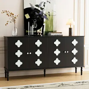 Anbuy Modern Black Buffet Sideboard with Black-Framed Quatrefoil Accents, 4-Door Storage Credenza Cabinet for Kitchen, Living Room – Matte Black