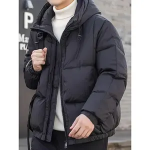 Men's Lightweight Hooded Puffer Jacket - Winter Short Style, Black, Casual Polyester Outerwear with Zippered Pockets, Duck Down Filled, Regular Fit for Teens and Adults, Fluffy Jacket