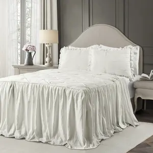 Lush Decor Ravello Pintuck Ruffle Skirt Bedspread Set - Soft Luxurious Microfiber with Hand Tucking Detail - 3-Piece Set for Farmhouse Minimalist Traditional Bedrooms - OEKO-TEX Certified - Full Queen King Sizes
