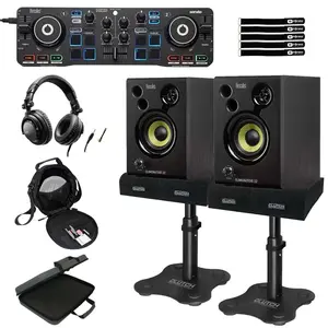 Hercules DJStarter Kit - Controller, Speakers, & Headphones with Desktop Stands & Case Package