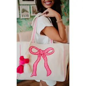 Pink Sequin Coquette Bow Canvas Tote Bag