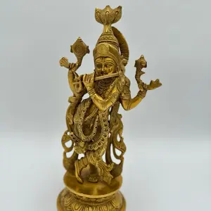 Krishna Statue - Golden Brass Figure with Intricate Details and Traditional Design