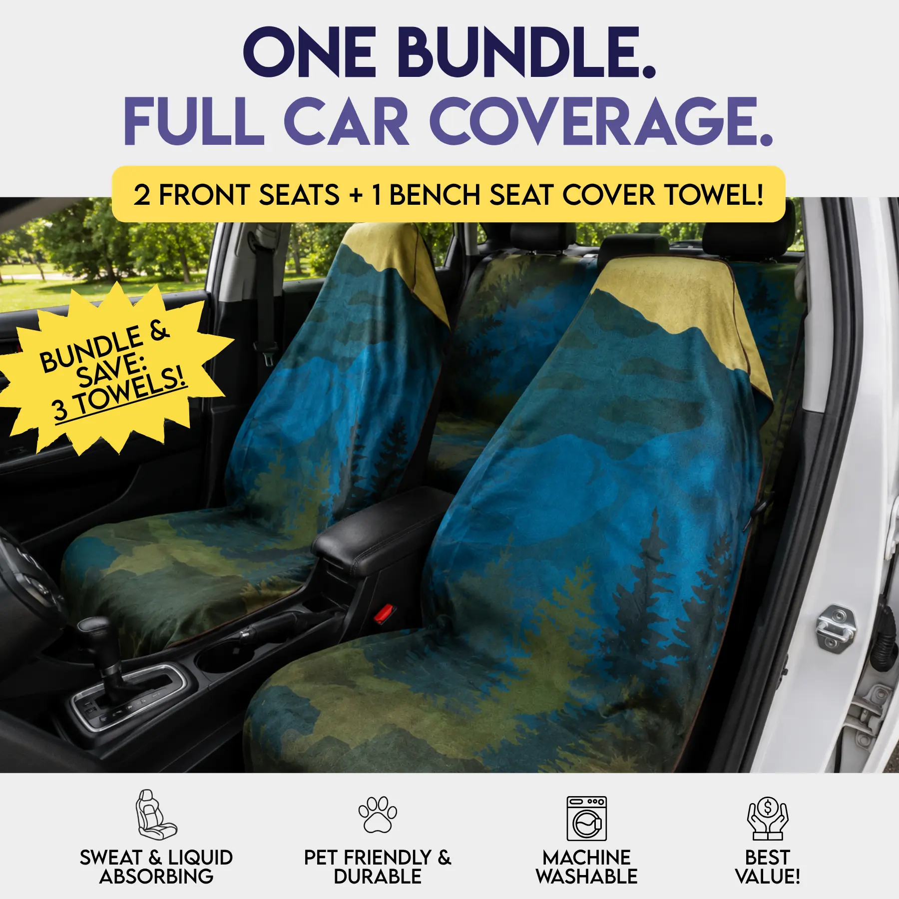 SET OF 3: Grizzly Guide Car Seat Cover Towels! (2) Front Seat covers, (1) Back Bench cover