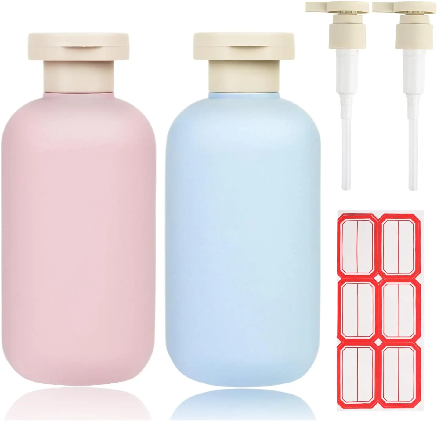 Durable 6.8oz Refillable Shampoo & Conditioner Bottle Set, 2 Squeezable Flip-Cap Travel Bottles + 2 Pump Dispensers with Labels (Home Organizer Storage Jars), Cosmetic