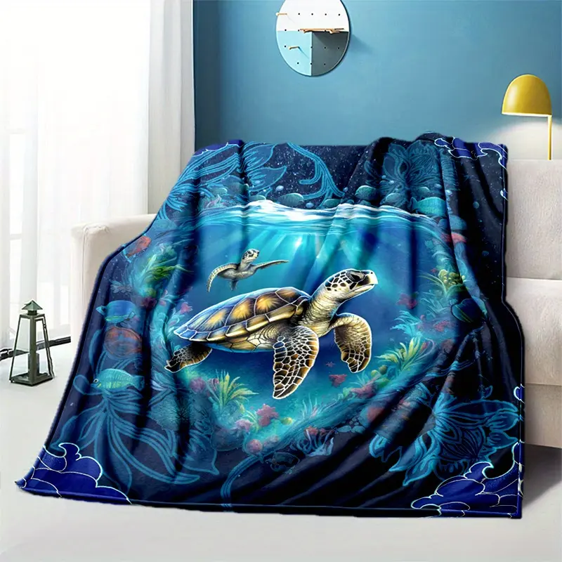 1pc Ultra-Soft Breathable Flannel Sea Turtle Print Blanket - 3D-Knit Craftsmanship, Vibrant Digital Printing, Lightweight, Body-Warming, Cozy Aesthetic, Machine Wash - for Sofa, Travel, Ideal Family Gift Throw
