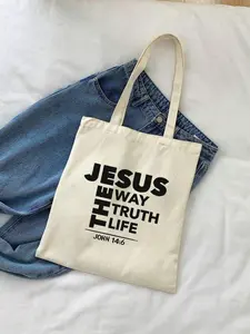 Jesus the Way Truth Life Letter Printed Tote Bag, Large Capacity, Portable, Foldable, for Teen Girls, Women, College Students, Travel, Work, Holiday