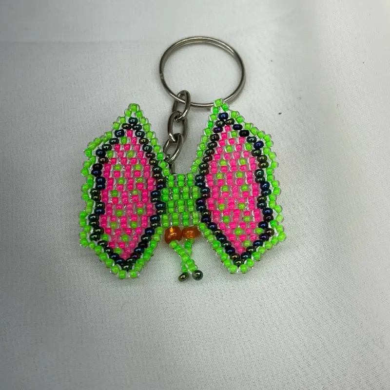 Key Chain Baby Butterfly - Beaded Keychain with Green and Pink Wings and Orange Accents