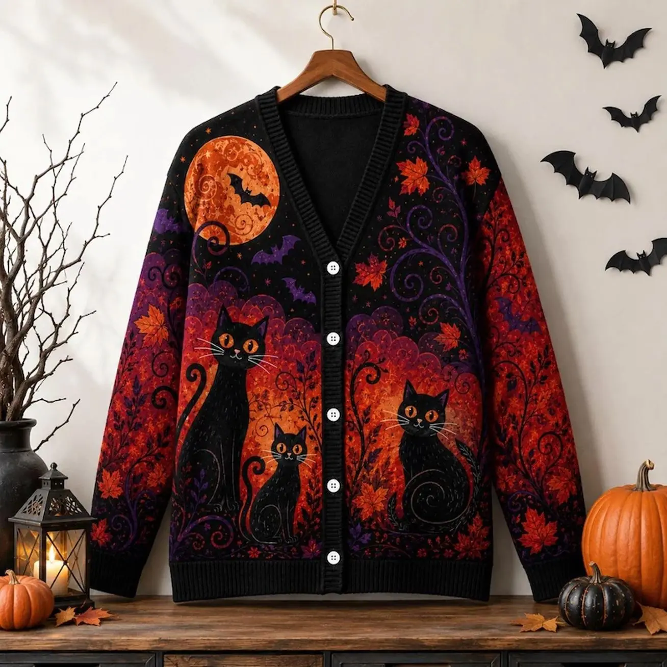 Black Cat Halloween Cardigan Jacket, Three Cats, Orange Moon, Autumn Foliage, Gothic V Neck Sweater