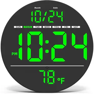 Digital Wall Clock with Large LED Display Date Temperature Auto-Brightness Small PLUG-IN Modern Electric Wall Clock for Bedroom Classroom Living Room Home Office Farmhouse Green