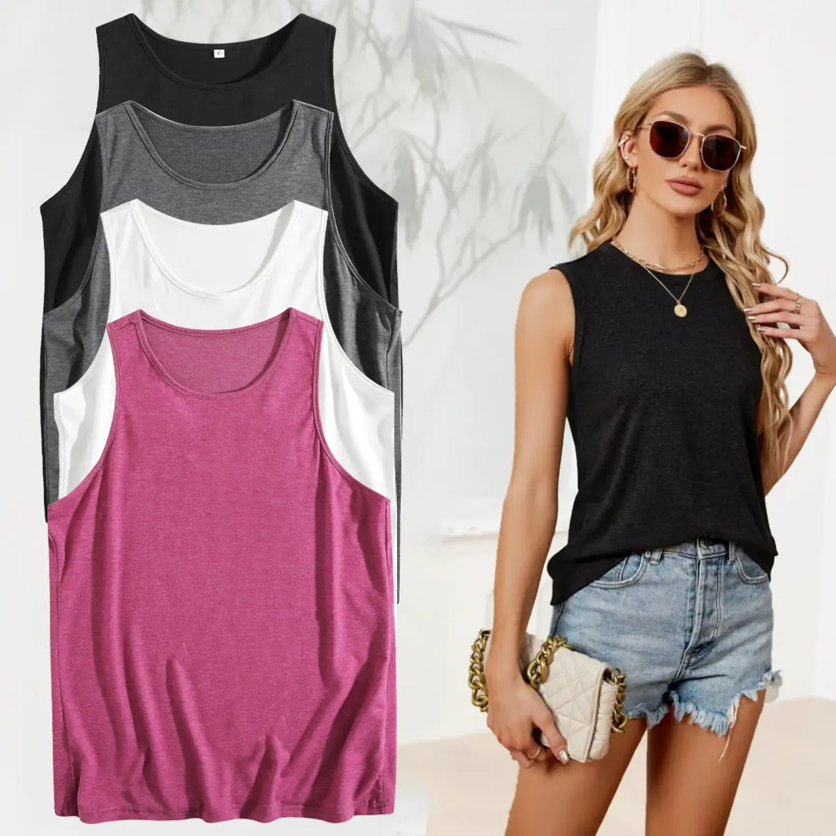 Women's 4-Pack Fashion Tank Shirts, Sleeveless, Loose Fit, Round Neck, Breathable for Summer Workout or Daily Wear, Shirt, Clothes, Casual, Fashion Apparel, Crew Neck, Rayon, Basic, Cute, Tank Tops, Casual Fashion Sleeveless