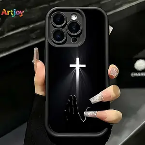 Minimalist Christian Cross & Praying Hand Matte Silicone Soft Shell Case with Raised Edges & Camera Guard - Compatible with iPhone 17 Pro Max,16,15,14,13,11; Galaxy S25,S24,S23,S22,S21 PLUS,FE,Ultra; A33 - Ideal Birthday,Holiday Gift for Smartphone Users